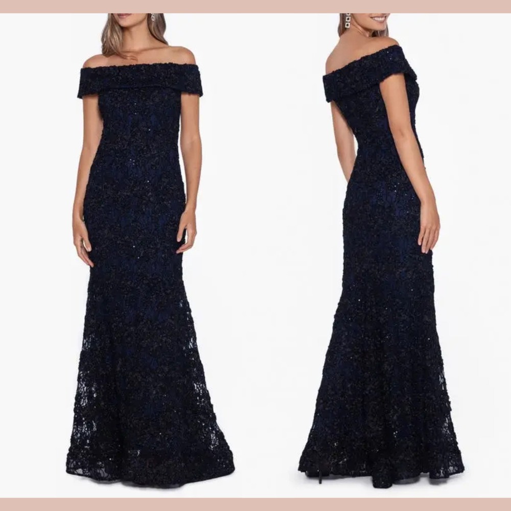 NEW $308 XSCAPE [ 10 ] Off The Shoulder Sequin Lace Trumpet Gown BlackNavy Q1239